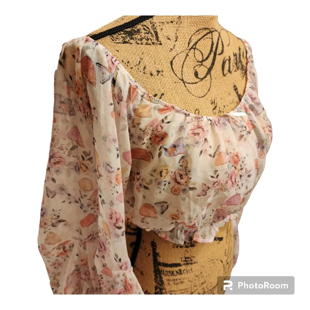 Sugar Thrillz floral half sheer blouse. On or off shoulder. - Picture 5 of 7
